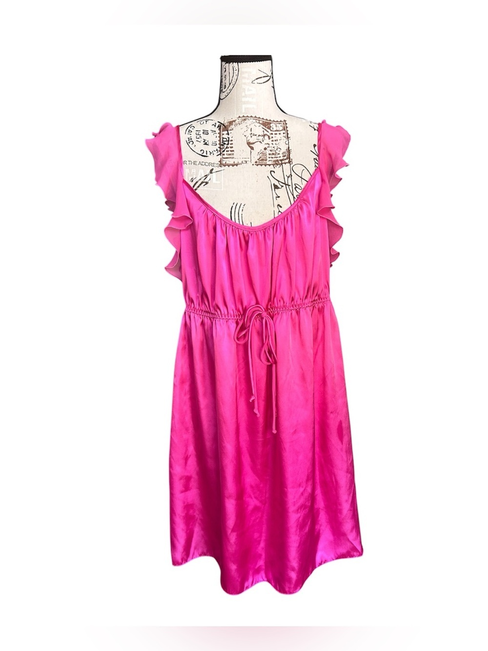 Linea Donatella Hot Pink Satin Nighty with chiffon ruffled sleeve size XL